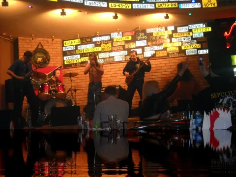 The stage during a band performance.